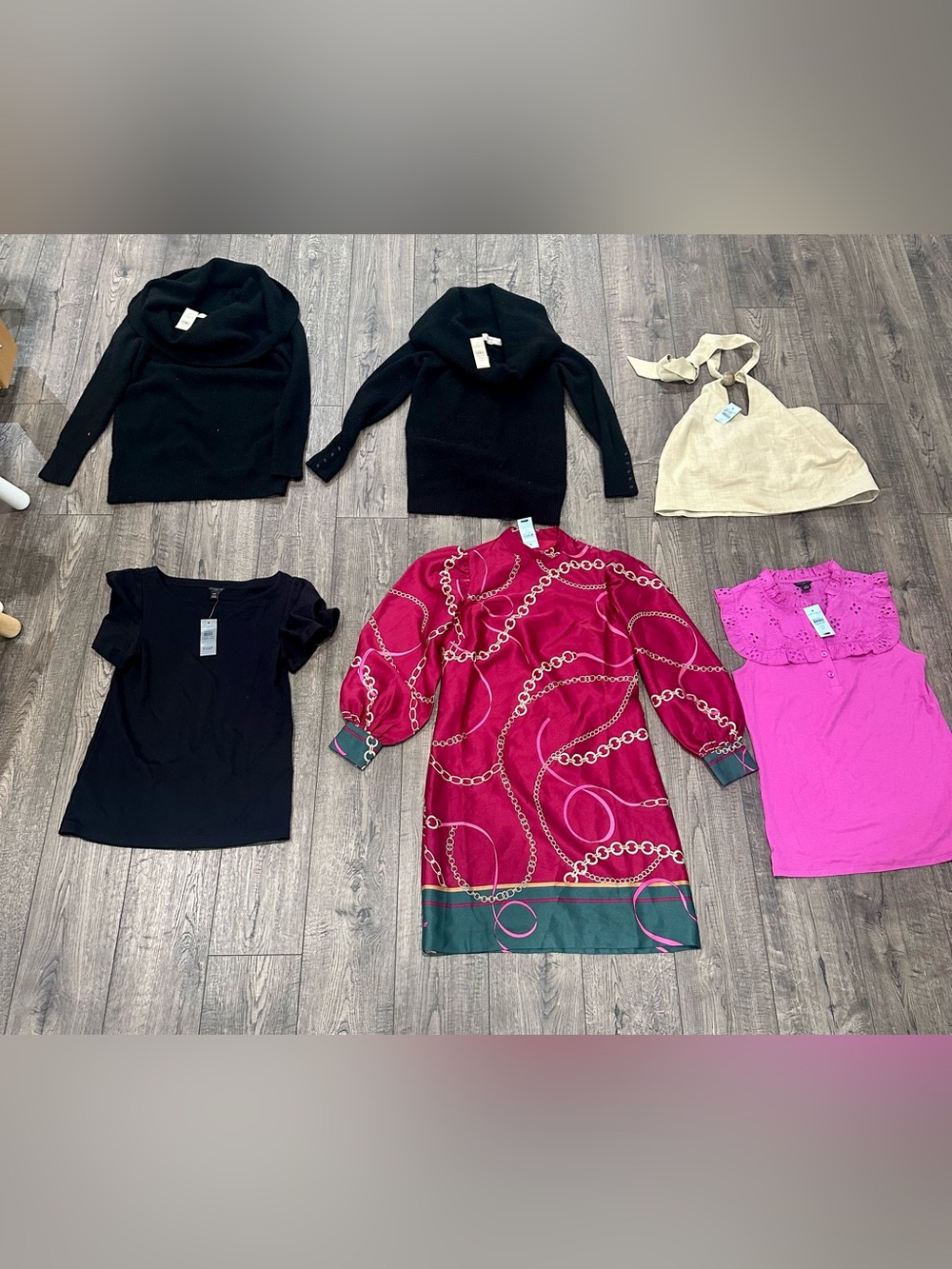 Ann Taylor Bundle XXSP Fuchsia Chain-Print Long-Sleeve Dress, Sweater and Tops.